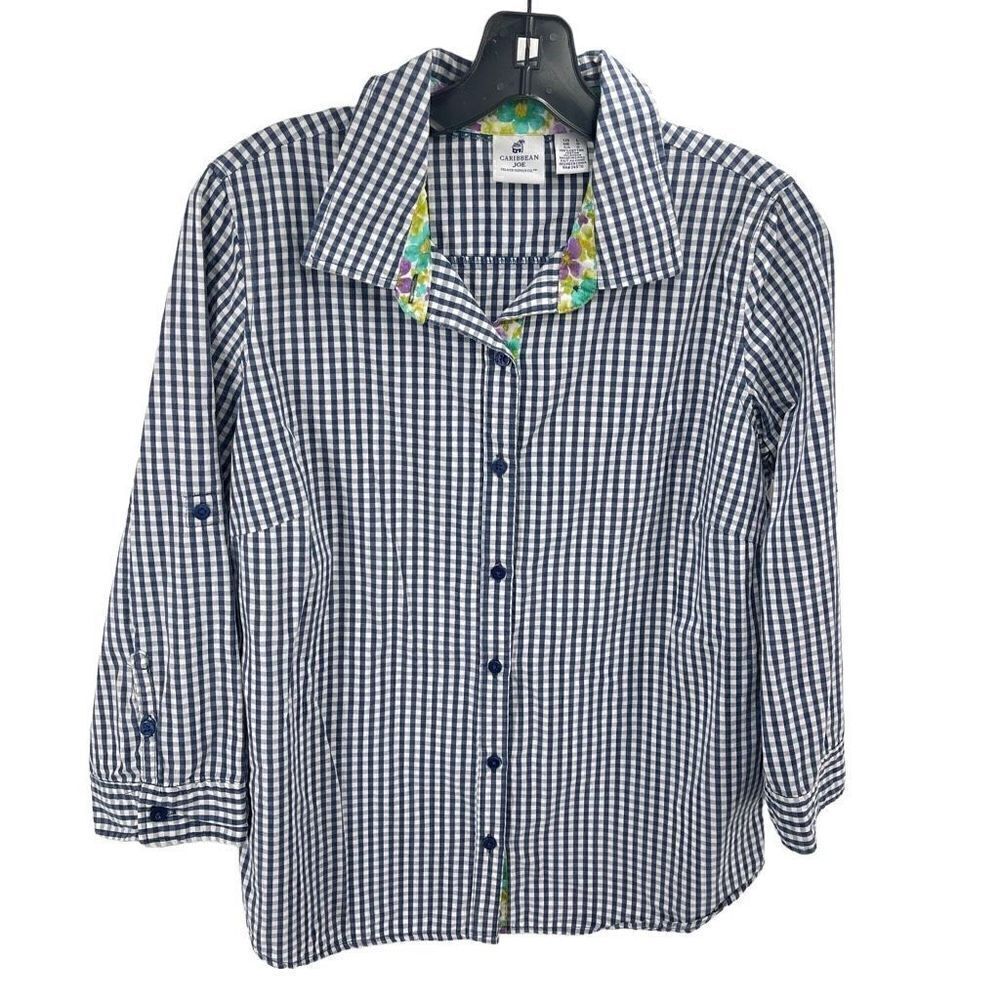Caribbean Joe Womens Roll Tab Sleeves Button Up Shirt Top Blue White Size Large